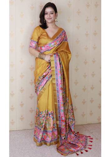 gold tussar art silk saree with unstiched blouse