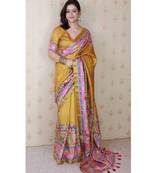 gold tussar art silk saree with unstiched blouse