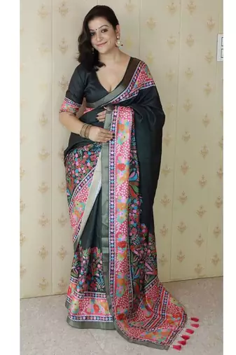 black tussar art silk saree with unstiched blouse