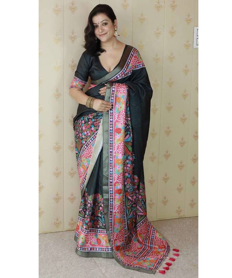 black tussar art silk saree with unstiched blouse