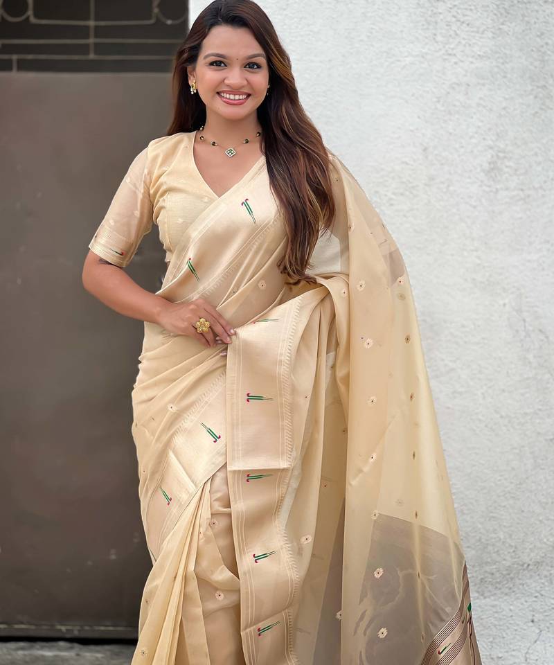 cream soft organza saree with unstiched blouse