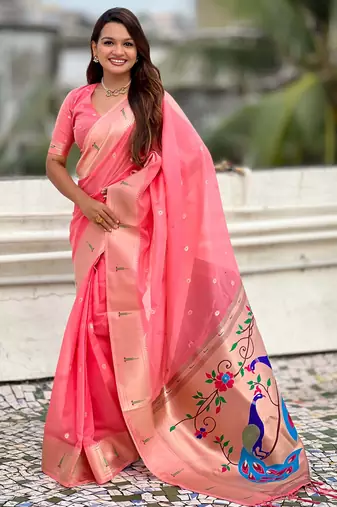 pink soft organza saree with unstiched blouse