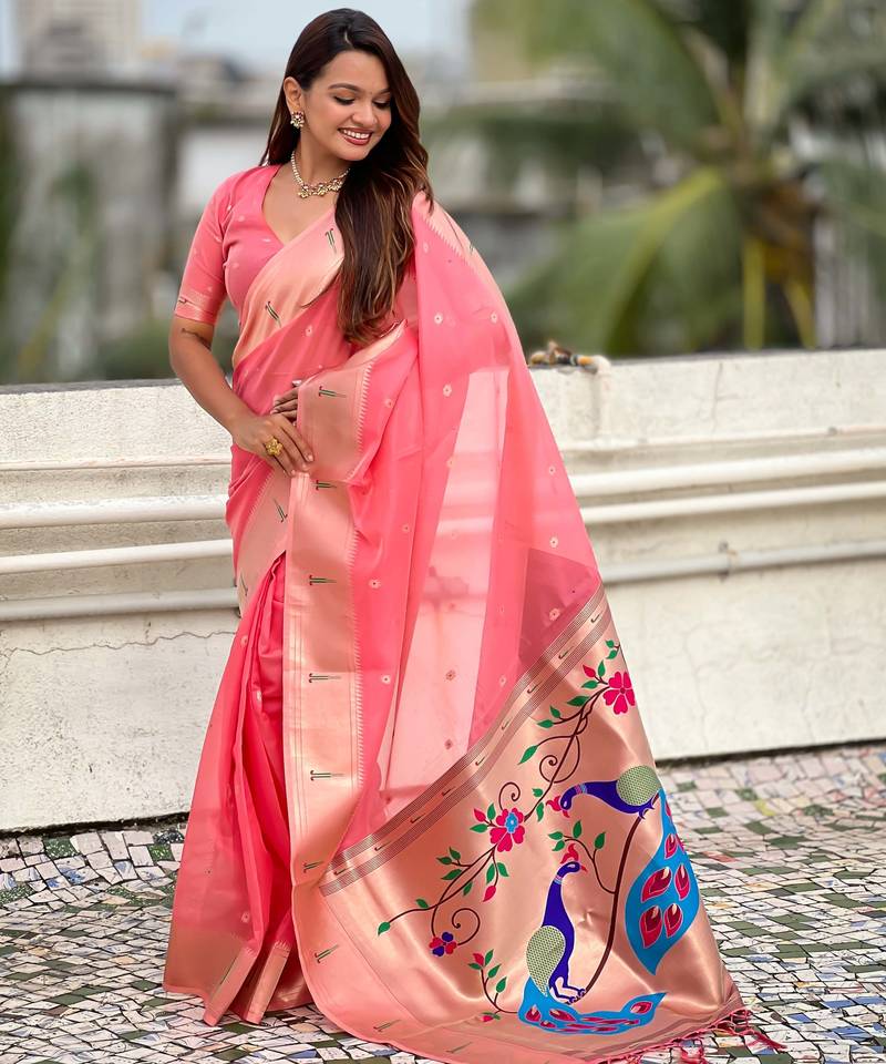 pink soft organza saree with unstiched blouse