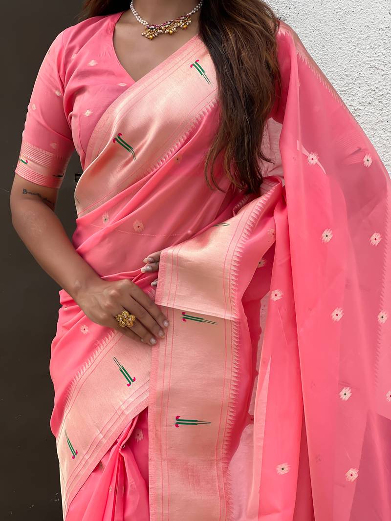 pink soft organza saree with unstiched blouse