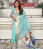 teal soft organza saree with unstiched blouse