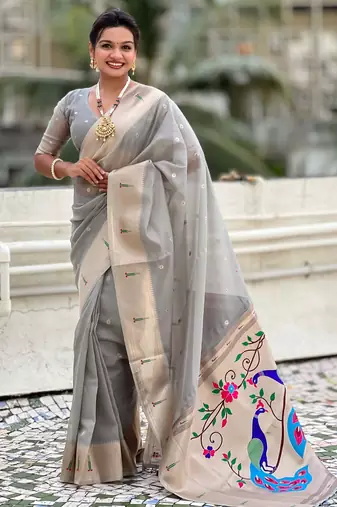 light grey soft organza saree with unstiched blouse