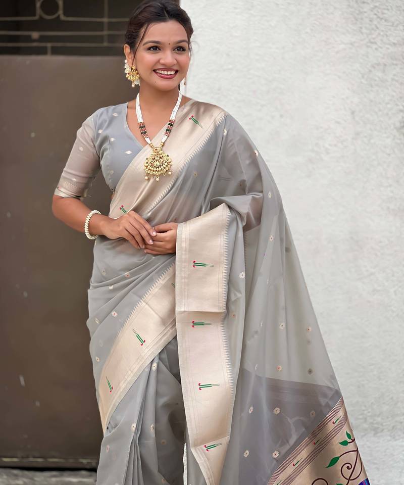 light grey soft organza saree with unstiched blouse