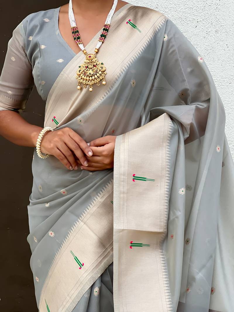 light grey soft organza saree with unstiched blouse