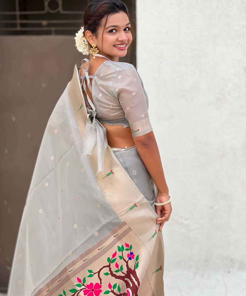 light grey soft organza saree with unstiched blouse