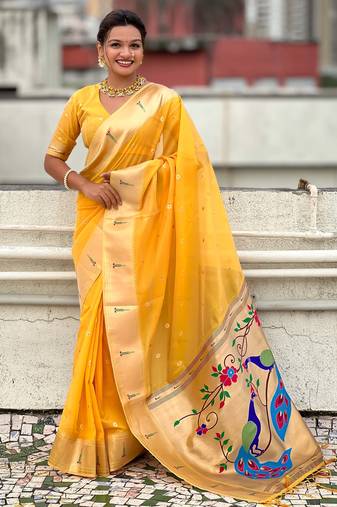 yellow soft organza saree with unstiched blouse