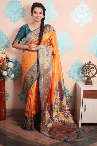 orange paithani saree with unstiched blouse