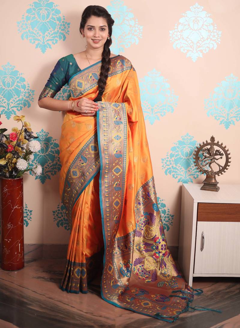 orange paithani saree with unstiched blouse