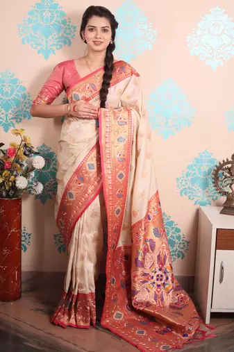 cream paithani saree with unstiched blouse