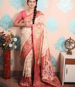 cream paithani saree with unstiched blouse