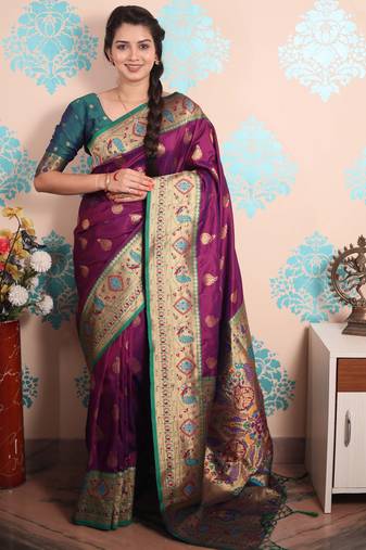 violet paithani saree with unstiched blouse