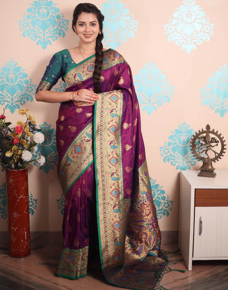 violet paithani saree with unstiched blouse
