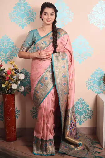 baby pink paithani saree with unstiched blouse