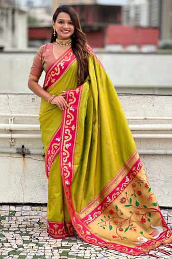 mehendi paithani saree with unstiched blouse