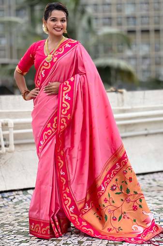 baby pink paithani saree with unstiched blouse