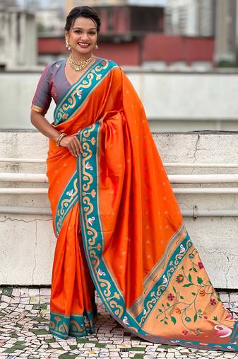orange paithani saree with unstiched blouse