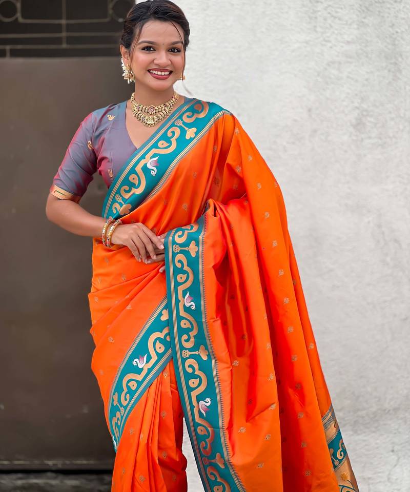 orange paithani saree with unstiched blouse