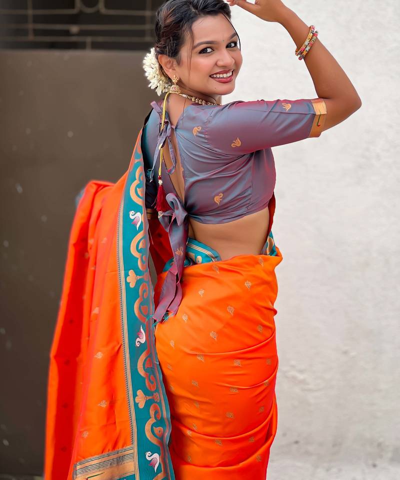 orange paithani saree with unstiched blouse