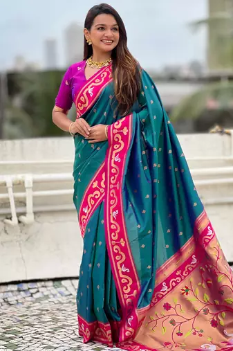teal paithani saree with unstiched blouse