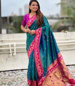 teal paithani saree with unstiched blouse