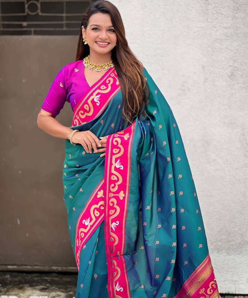 teal paithani saree with unstiched blouse
