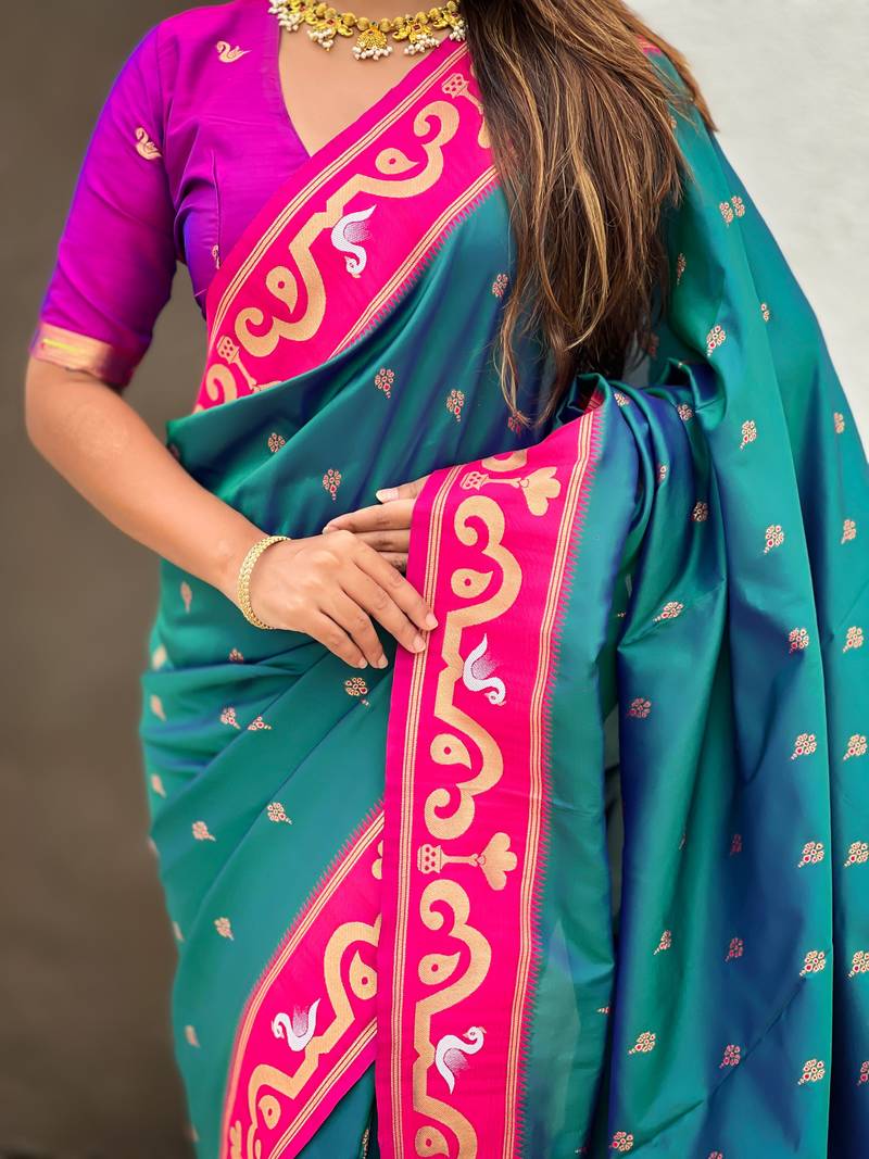 teal paithani saree with unstiched blouse
