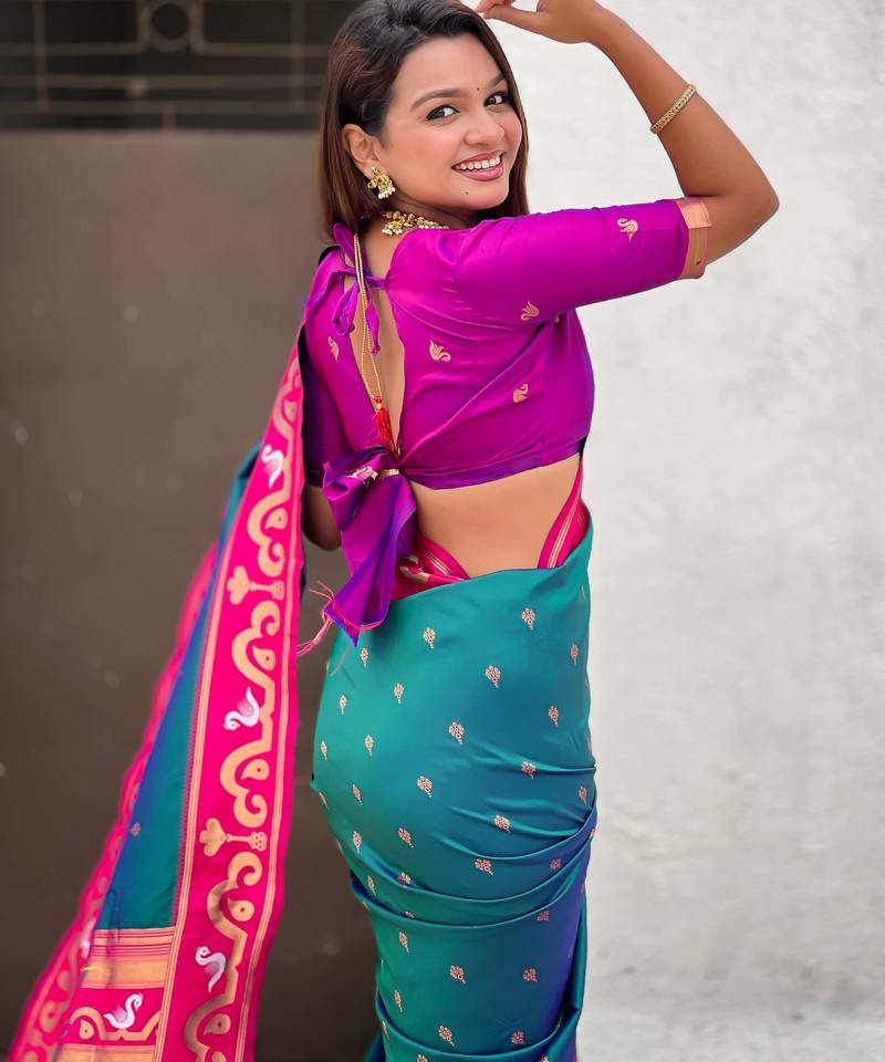teal paithani saree with unstiched blouse