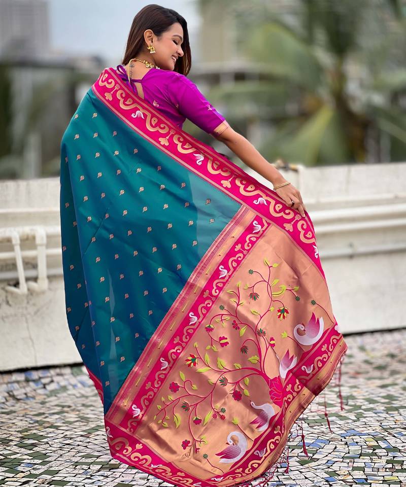 teal paithani saree with unstiched blouse