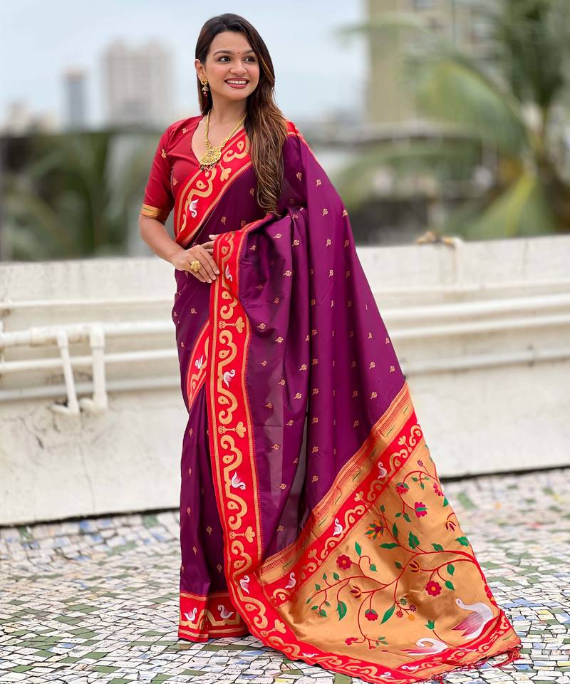 magenta paithani saree with unstiched blouse