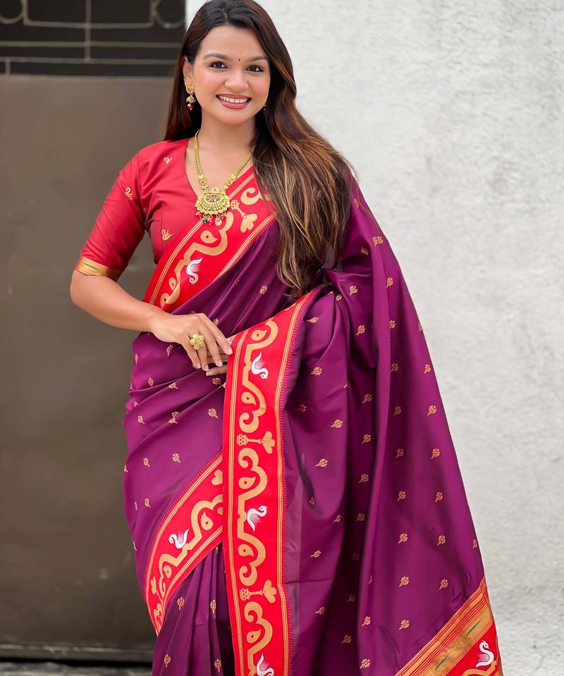 magenta paithani saree with unstiched blouse