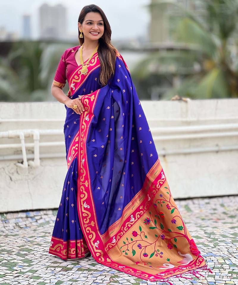 violet paithani saree with unstiched blouse
