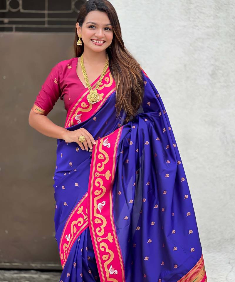 violet paithani saree with unstiched blouse
