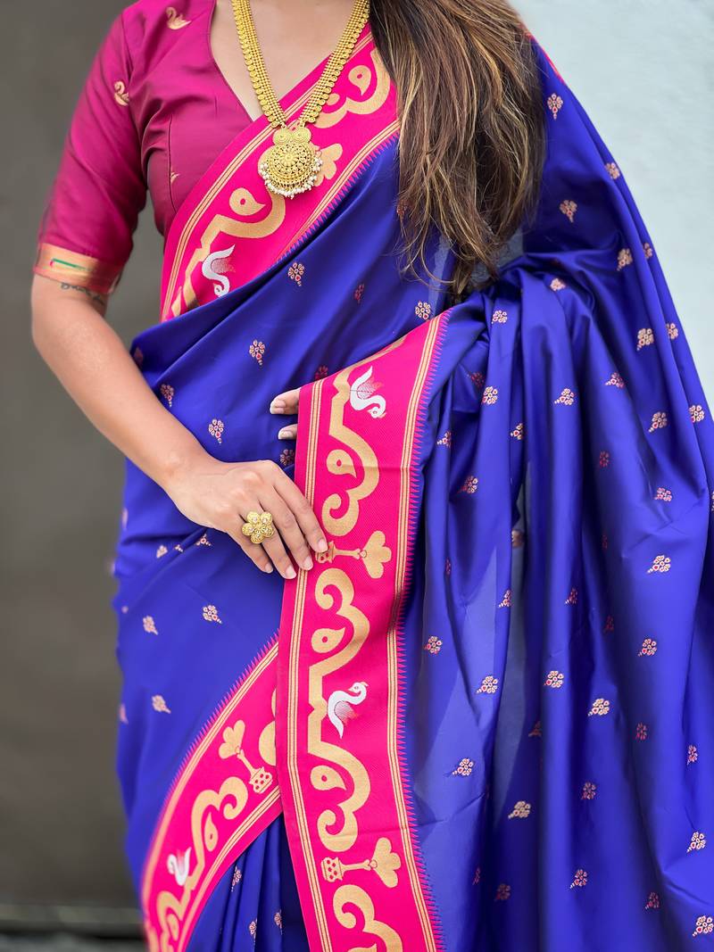 violet paithani saree with unstiched blouse
