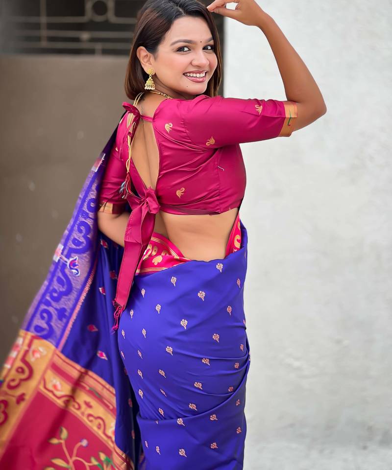 violet paithani saree with unstiched blouse