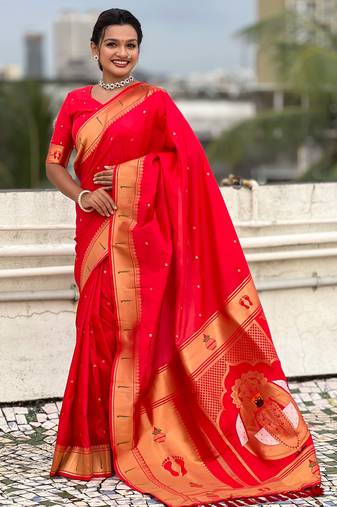 red soft art silk saree with unstiched blouse