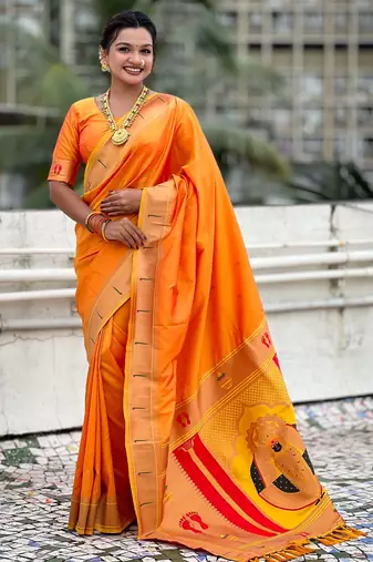 light orange soft art silk saree with unstiched blouse