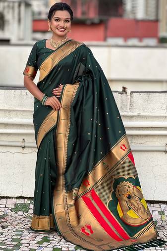 dark green soft art silk saree with unstiched blouse