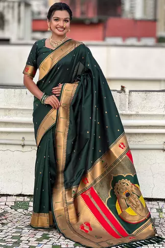 dark green soft art silk saree with unstiched blouse