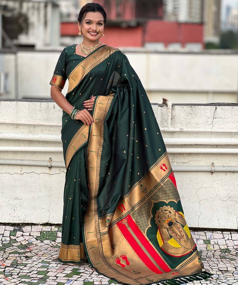 dark green soft art silk saree with unstiched blouse
