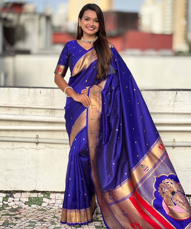 dark blue soft art silk saree with unstiched blouse