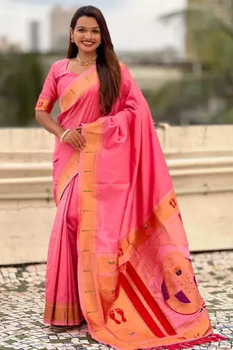 pink soft art silk saree with unstiched blouse