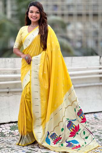 yellow paithani saree with unstiched blouse