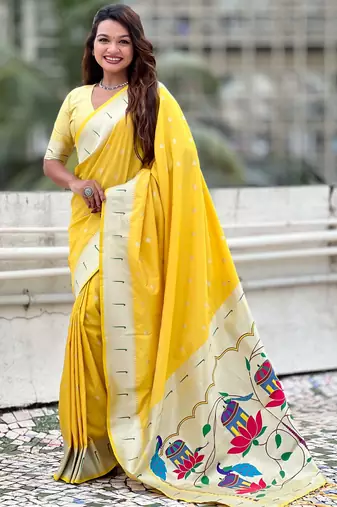 yellow paithani saree with unstiched blouse