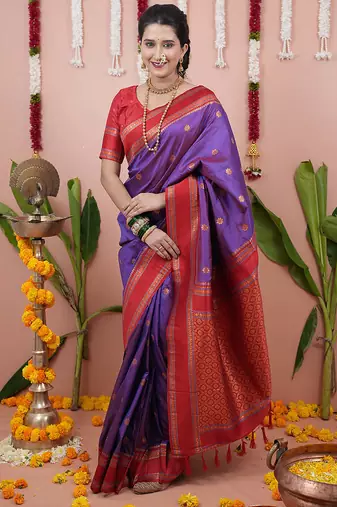 purple soft art silk saree with unstiched blouse