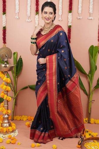 navy soft art silk saree with unstiched blouse