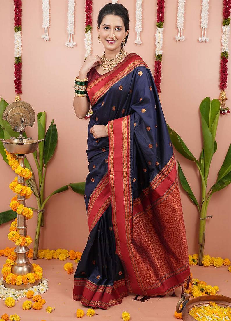 navy soft art silk saree with unstiched blouse